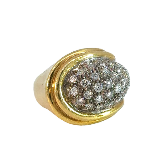 Vintage 18k Yellow Gold Pave Diamond Bombé Ring