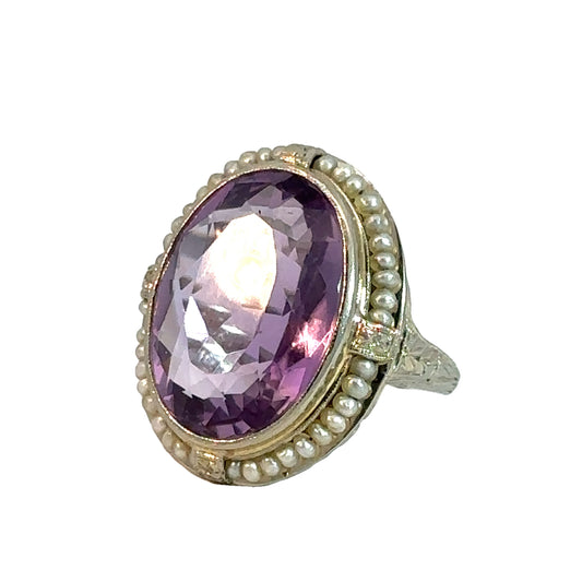 Mid-Century Amethyst and Seed Pearl Ring