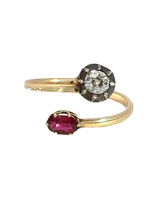 Antique 14k Yellow Gold Toi et Moi Ruby and Diamond Conversion Ring