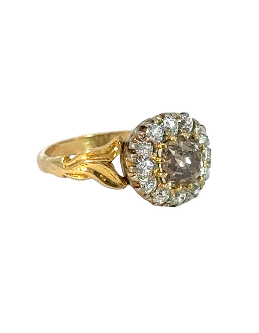 Antique 18k Yellow Gold Champagne Diamond Halo Ring