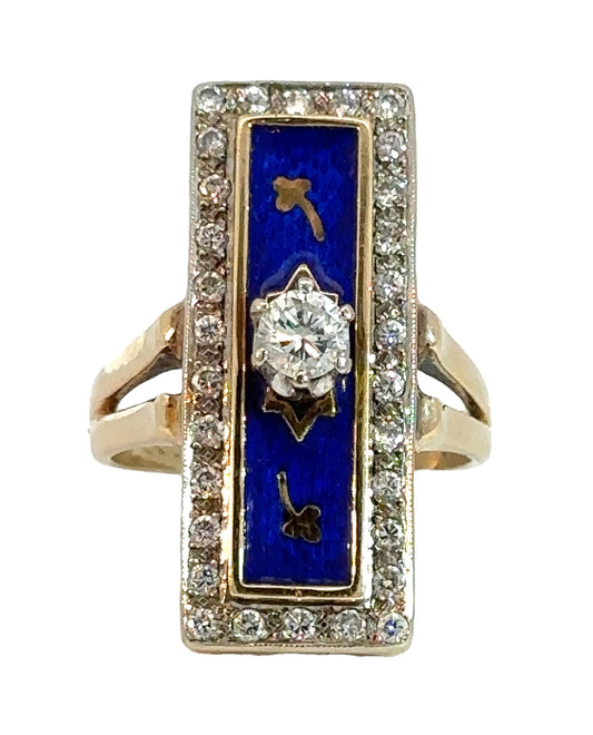 Vintage Blue Enamel and Diamond Plaque Ring