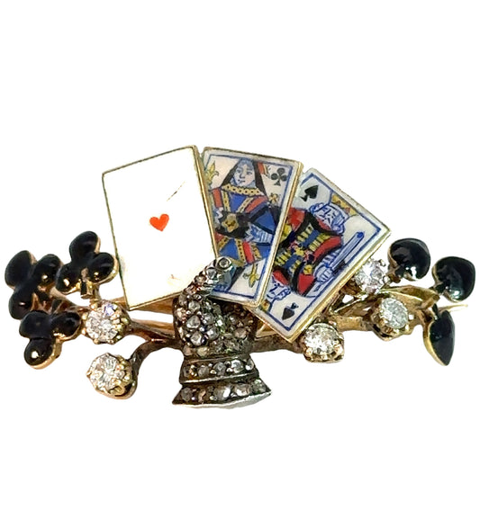 Antique Diamond and Enamel Playing Cards Brooch