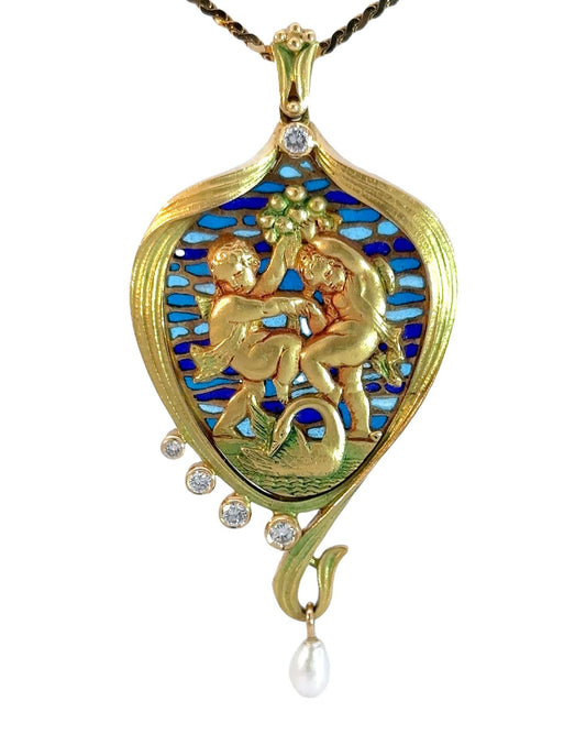 Antique Spanish 18k Yellow Gold Plique-à-Jour Pendant