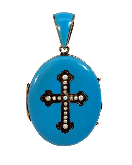 Vintage Blue Enamel Seed Pearl Cross Locket