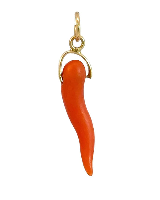 Vintage Yellow Gold and Coral Cornicello Horn Pendant