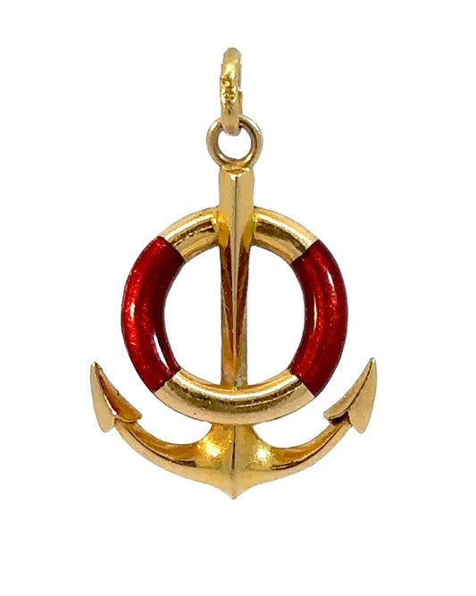 Vintage 18k Yellow Gold and Red Enamel Anchor Pendant