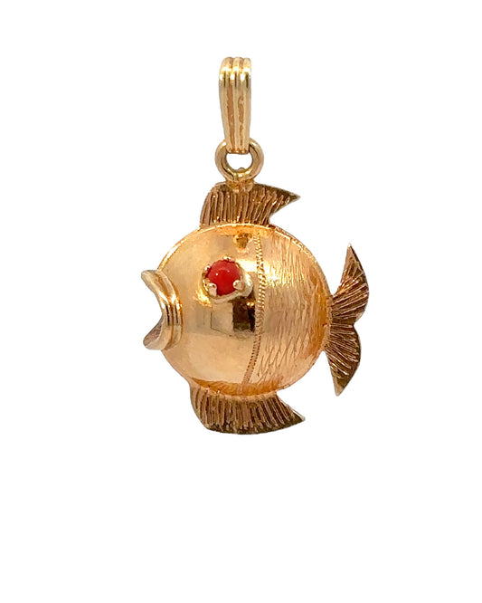 Mid Century 18k Yellow Gold Coral Bubble Fish Pendant