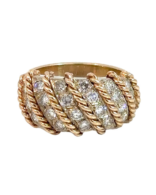 Mid Century 14k Yellow Gold Rope Wrap Diamond Ring