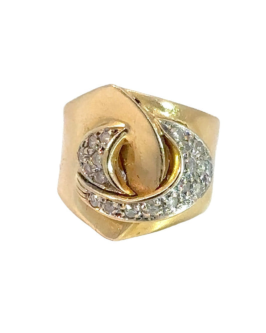 1970s 14k Yellow Gold Swirl Top Diamond Ring