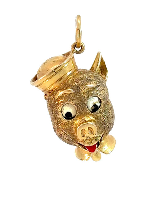 Vintage 9ct Yellow Gold Enamel Moving Pig Charm