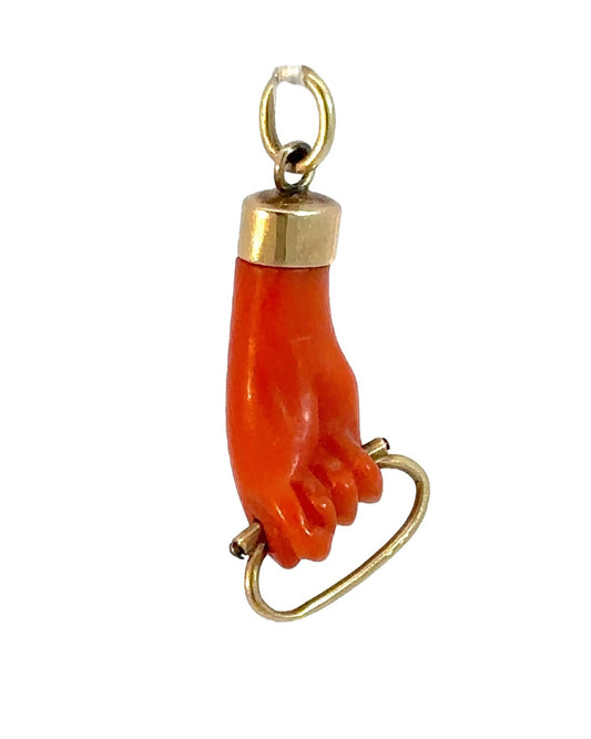 Victorian 14k Yellow Gold Coral Mano Figa Charm Holder