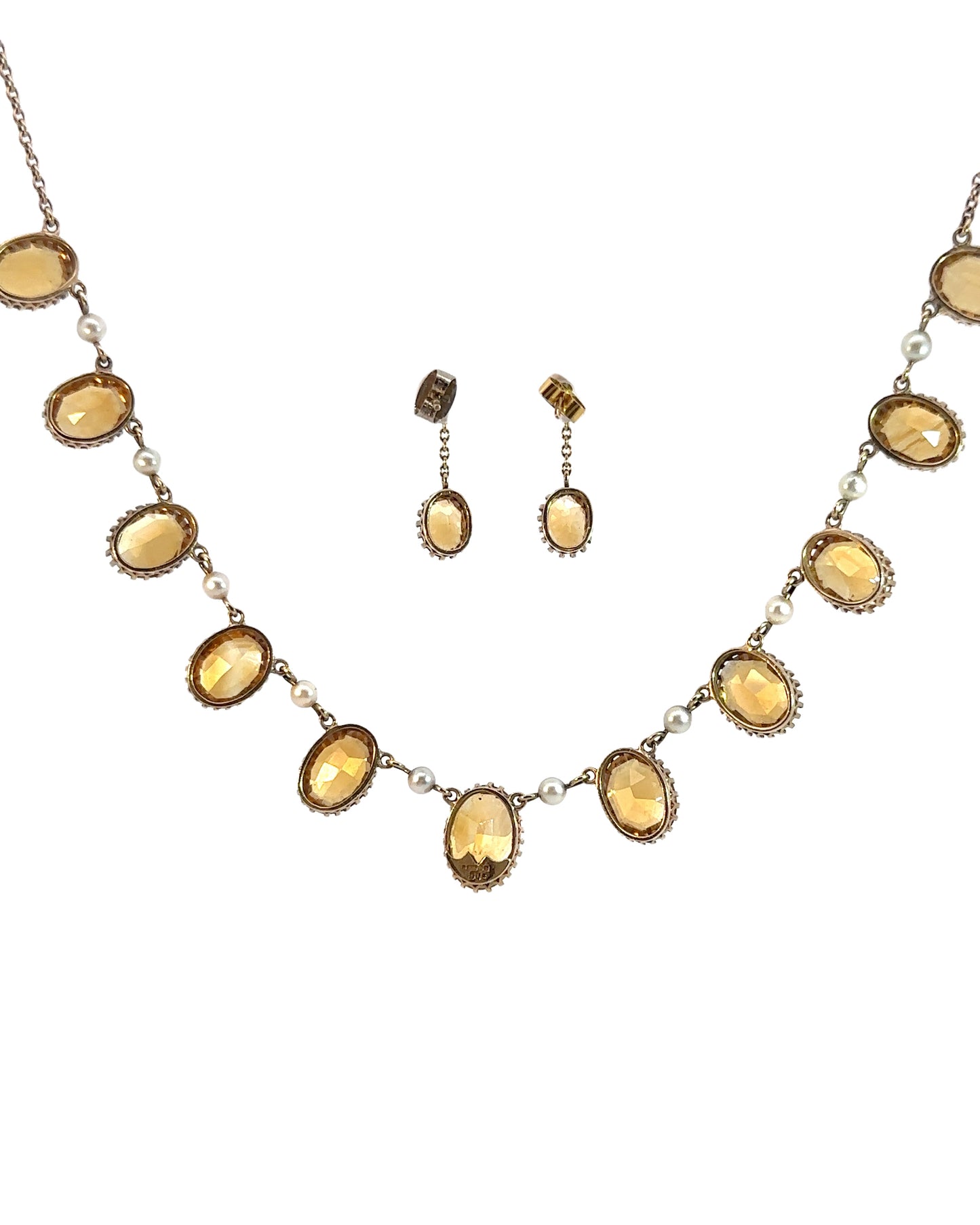 UK Estate Citrine, Pearl, and 9ct Yellow Gold Necklace and Earring Set