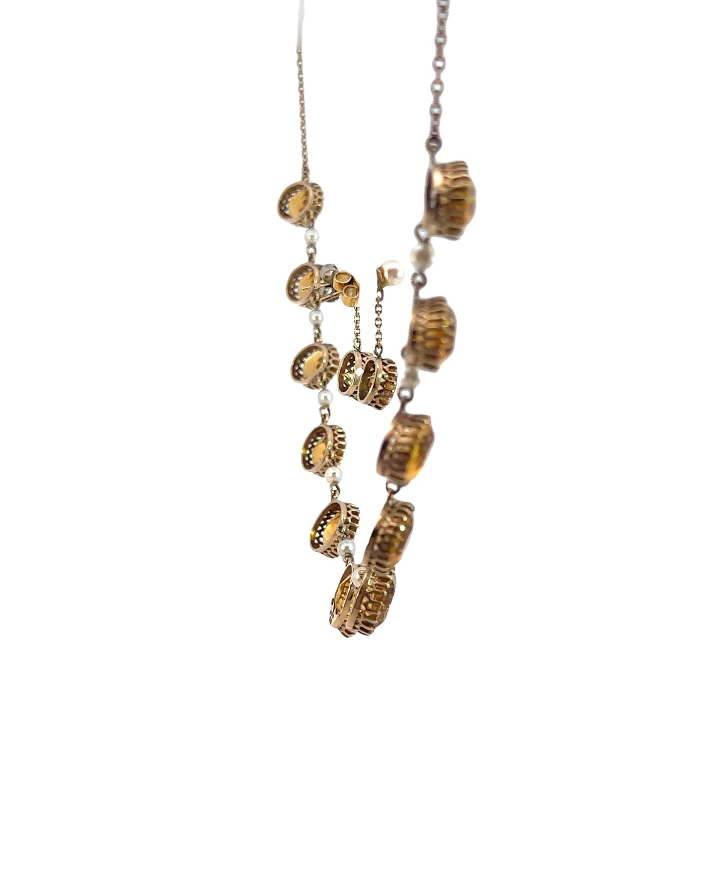 UK Estate Citrine, Pearl, and 9ct Yellow Gold Necklace and Earring Set