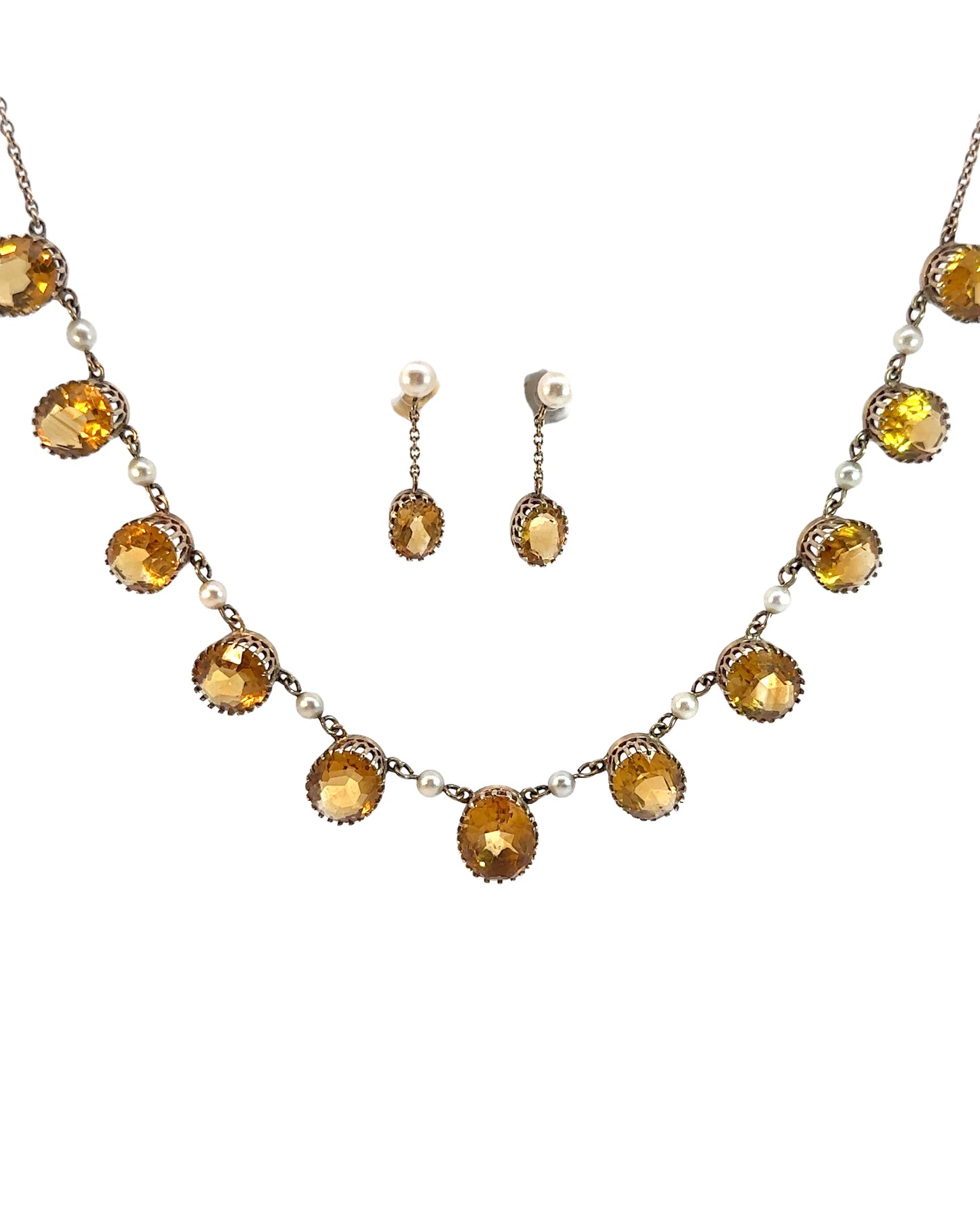 UK Estate Citrine, Pearl, and 9ct Yellow Gold Necklace and Earring Set