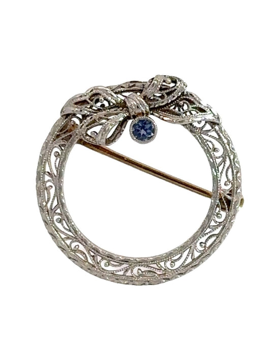 Antique 18k White and Yellow Gold Tanzanite Filigree Wreath Brooch