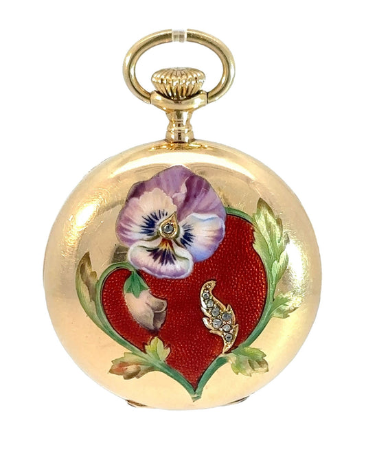 Antique Enamel, Diamond, and 18k Yellow Gold Longines Pocket Watch