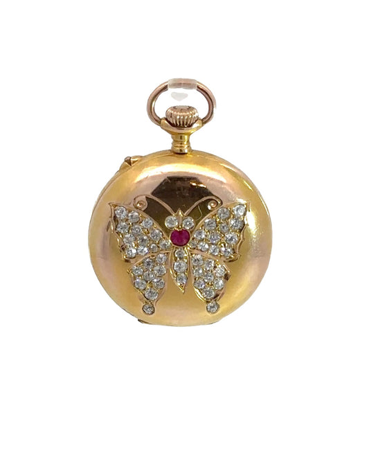 Antique 18k Yellow Gold Diamond Butterfly Pocketwatch