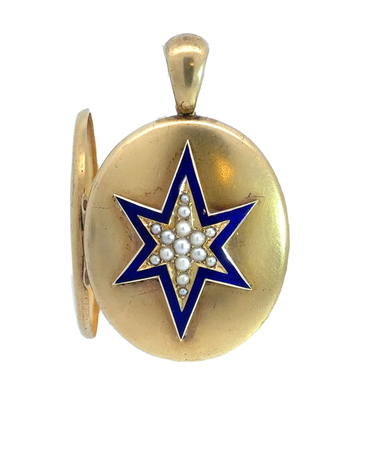 Victorian 18k Yellow Gold Pearl and Enamel Locket