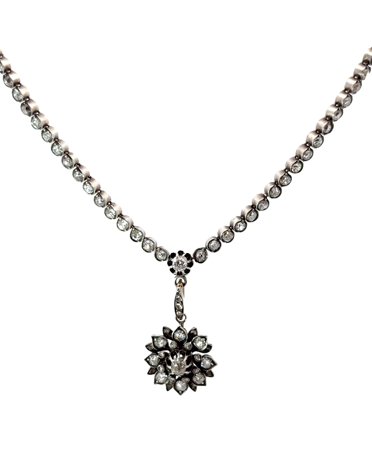 Early Victorian Old Mine Cut Diamond Gold and Silver Flower Necklace