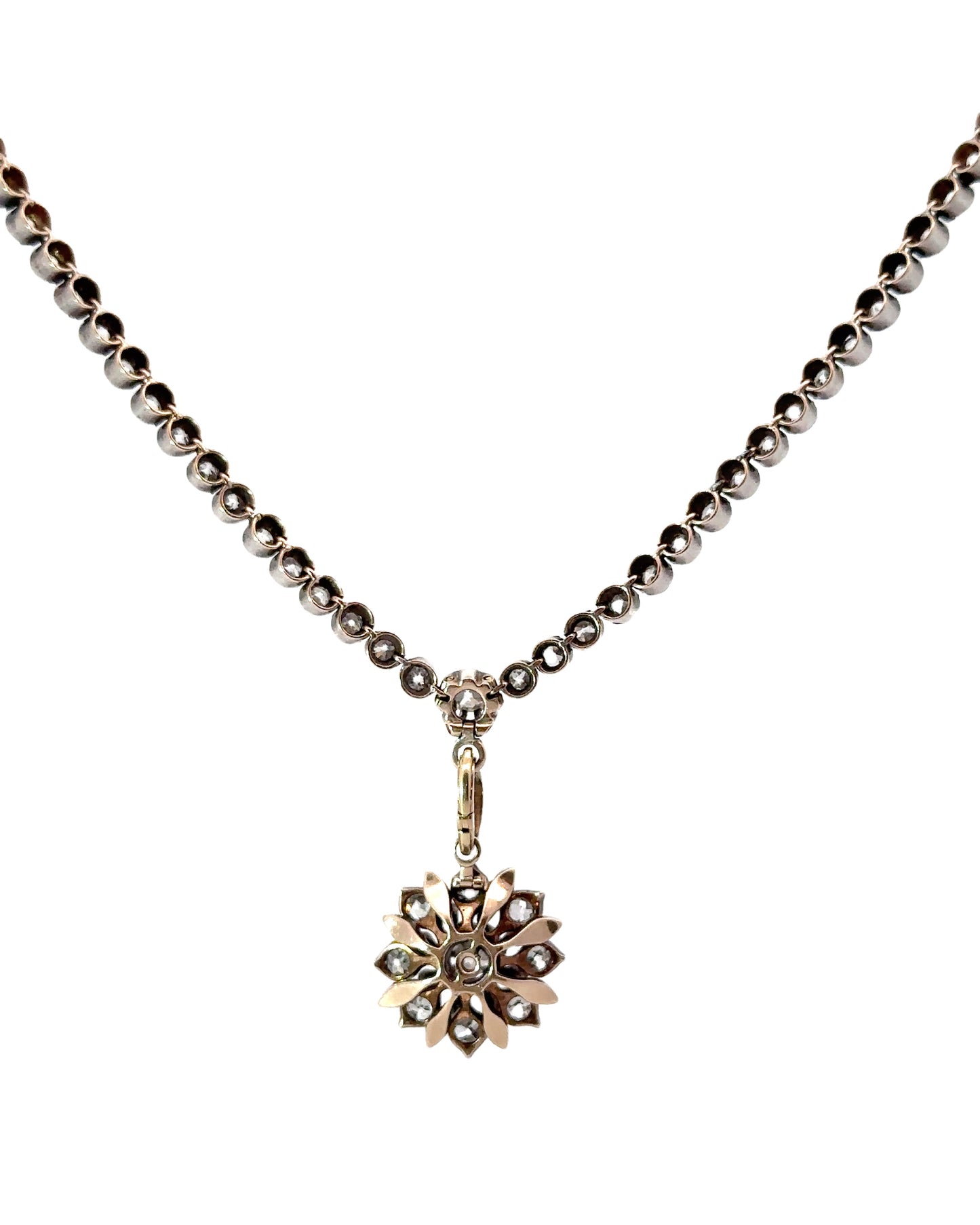 Early Victorian Old Mine Cut Diamond Gold and Silver Flower Necklace