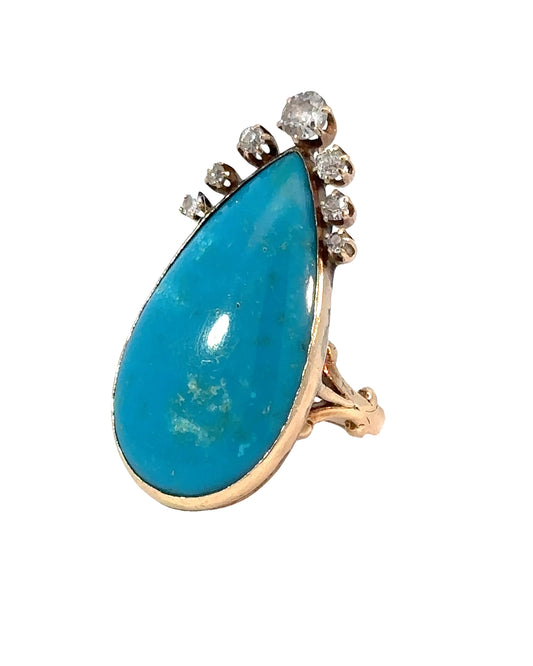 Vintage 14k Yellow Gold Diamond and Turquoise Ring