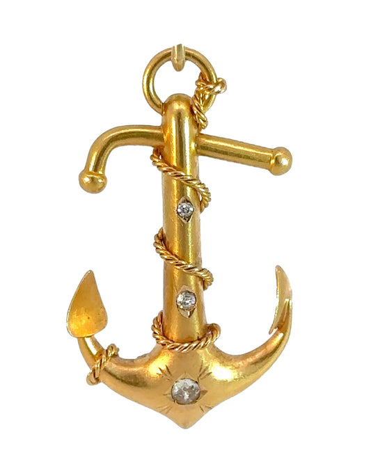 Antique 18k Yellow Gold Diamond Anchor Pendant