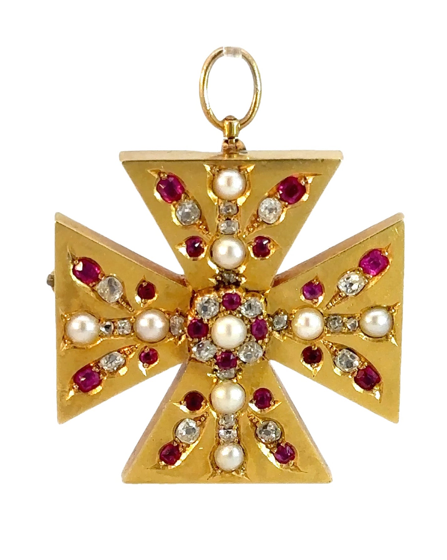 Victorian 15ct Gold, Ruby, Diamond and Pearl Maltese Cross Pendant