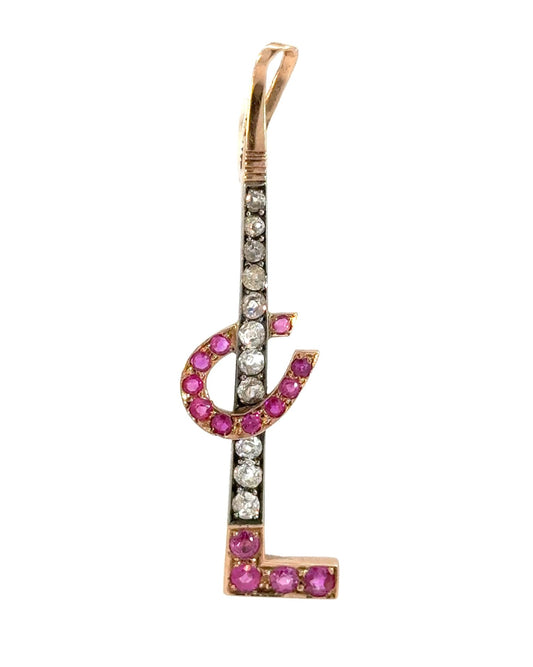 Antique 18k Gold, Silver, Diamond and Ruby Riding Crop Pendant