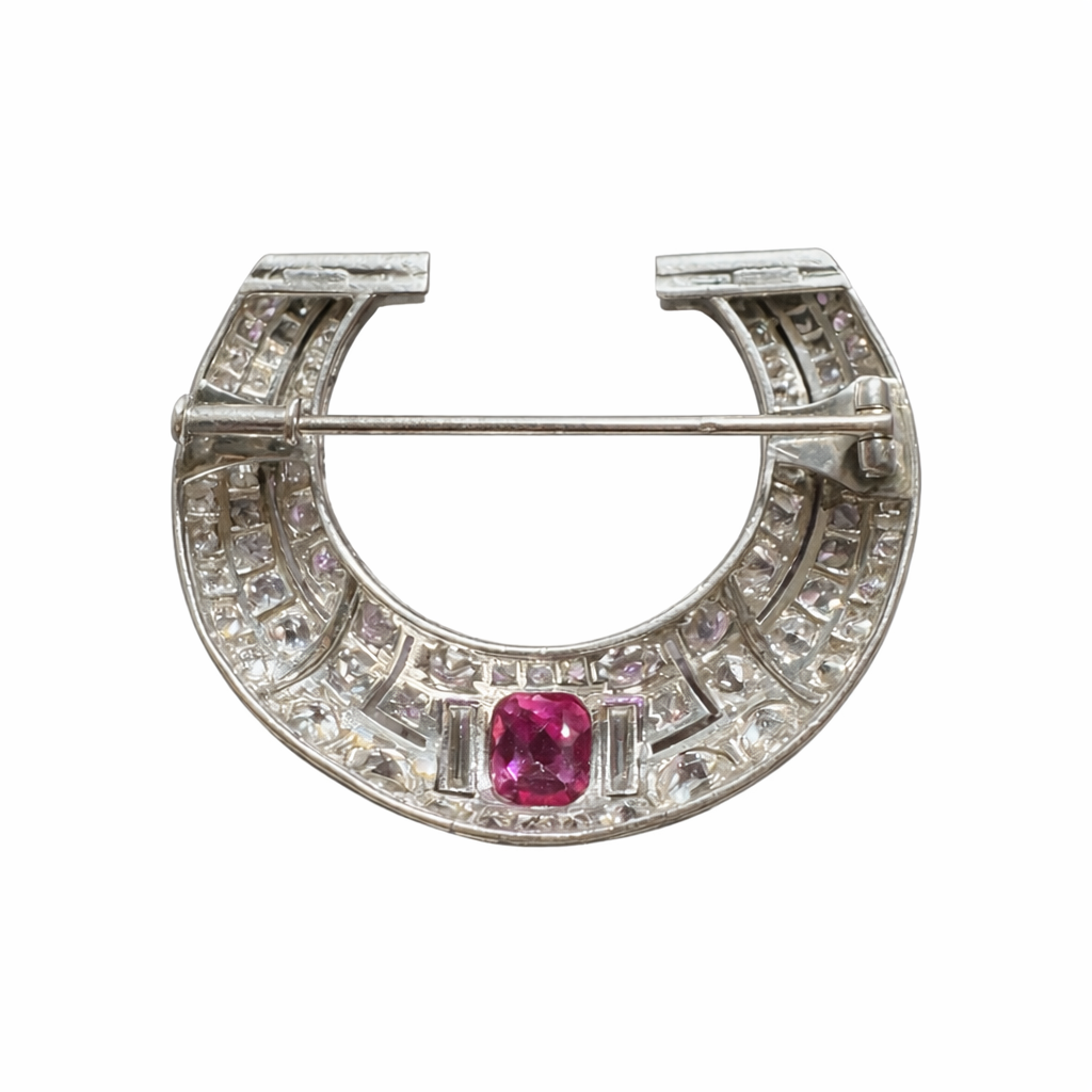 Art Deco Pink Tourmaline and Diamond Horseshoe Brooch