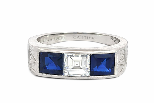 1950s Cartier Sapphire and Diamond Three Stone Ring