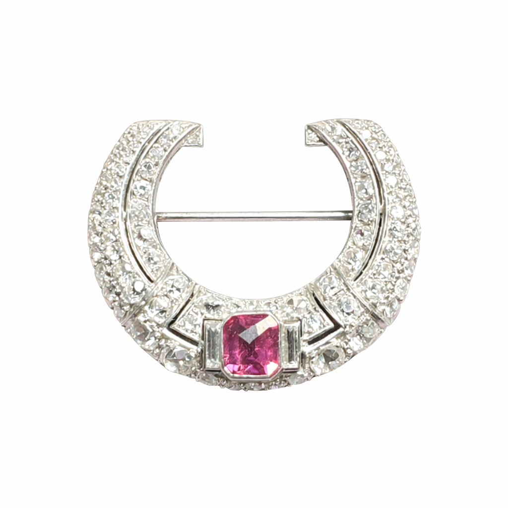 Art Deco Pink Tourmaline and Diamond Horseshoe Brooch
