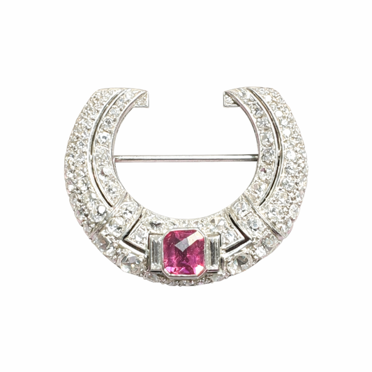 Art Deco Pink Tourmaline and Diamond Horseshoe Brooch