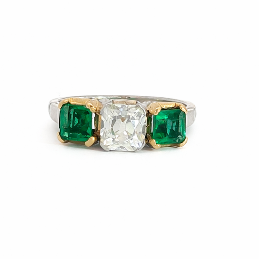 Antique Emerald and Diamond Three Stone Ring