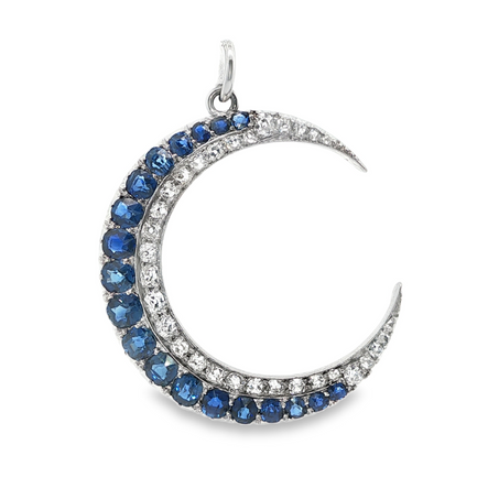 Edwardian Sapphire and Diamond Crescent Moon Pendant