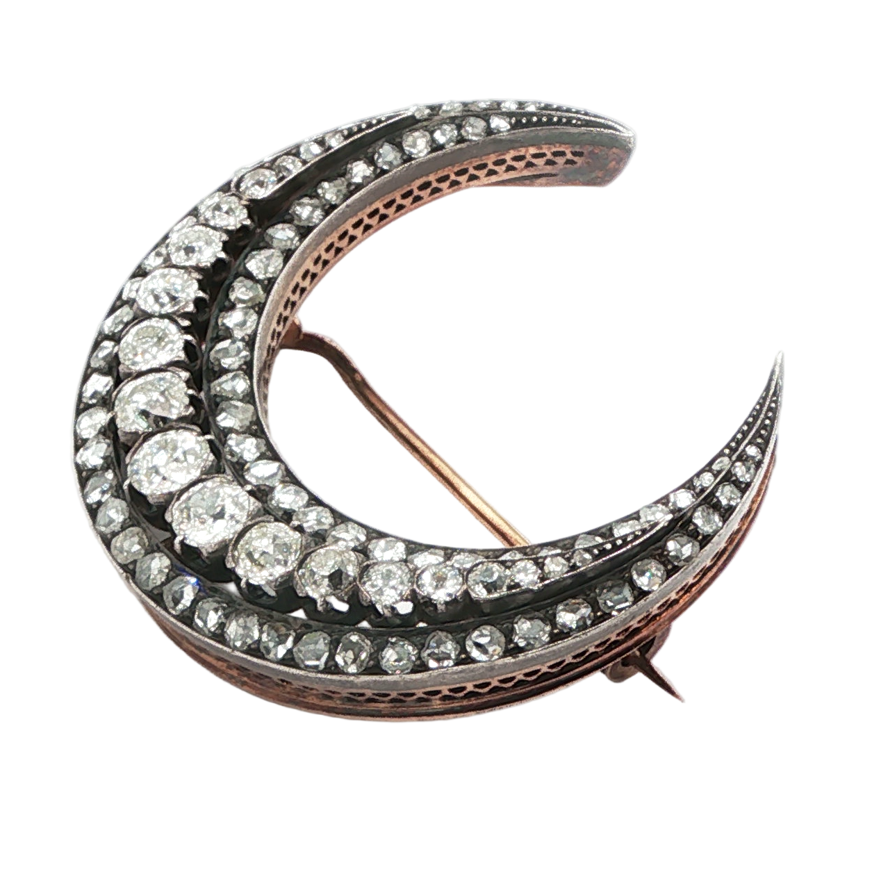 Victorian Old Cut Diamond Crescent Moon Brooch