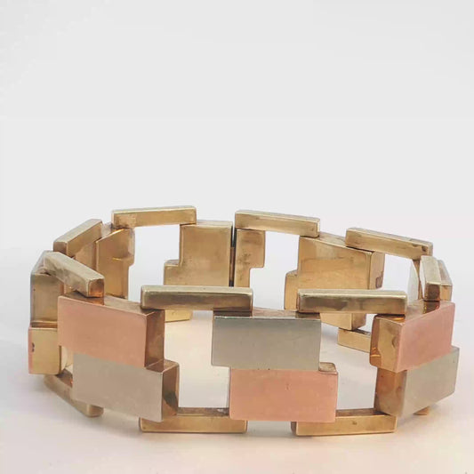 Vintage Three-Tone Gold Geometric Block Bracelet