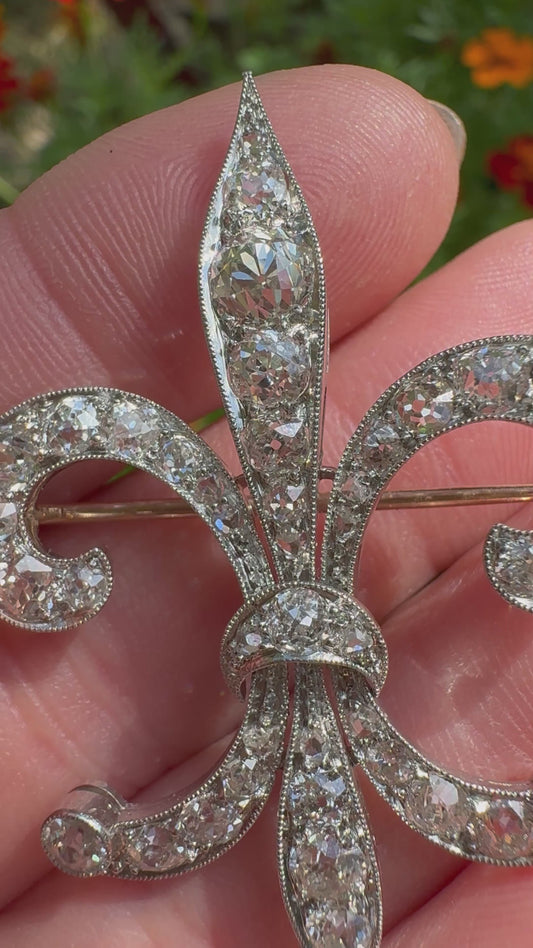 Antique Old Mine Cut Diamond Fleur de Lis Brooch