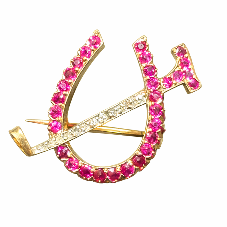 Victorian Ruby and Diamond Horseshoe and Riding Crop Brooch