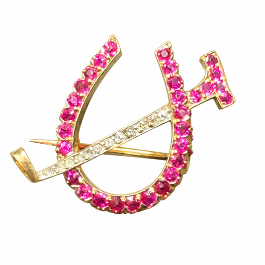 Victorian Ruby and Diamond Horseshoe and Riding Crop Brooch