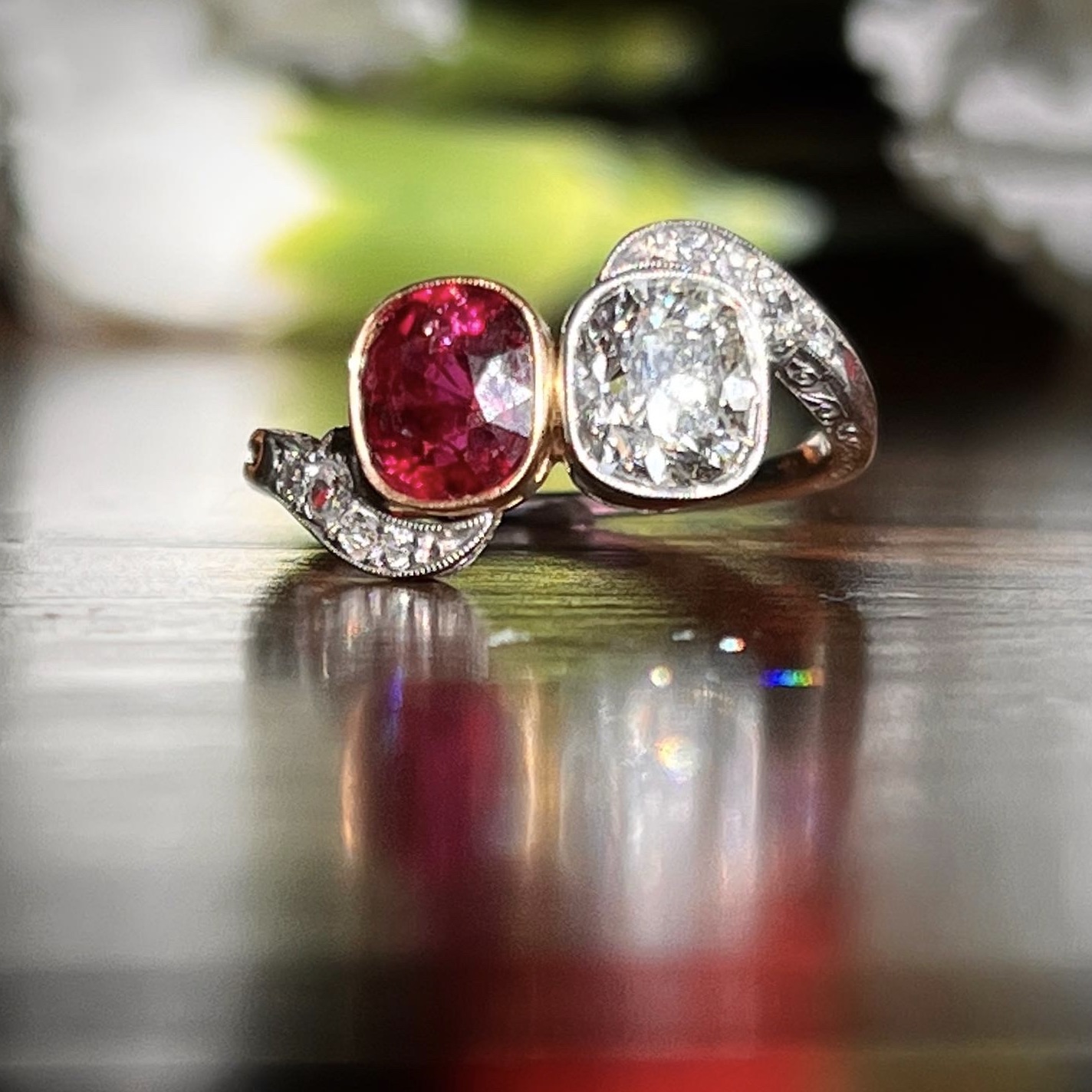 Art Deco Ruby Old Mine Cut Diamond Toi et Moi Ring - EJ Mama